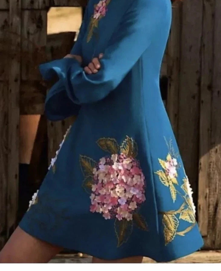 71 Anthropologie Varun Bahl Womens Teal Hydrangea Swing Dress 6 NWT $228 Hydrangea