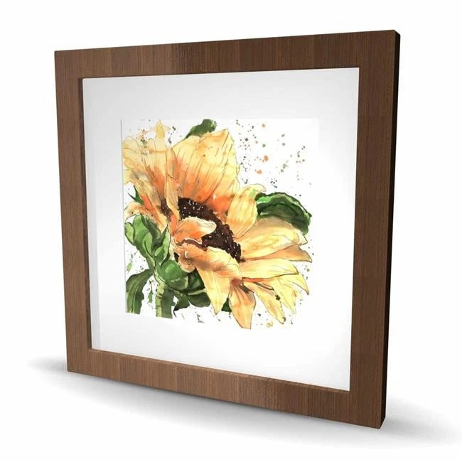 Framed sunflower wall art, yellow blossoms with green leaves, brown wood frame, 16x16 in