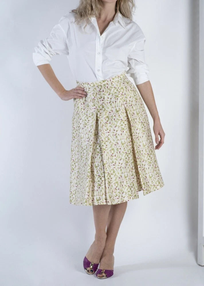 Incotex Silk Wool Carnation Flower Pleated A Line Skirt, IT 44, EU 38, US 8 Carnation