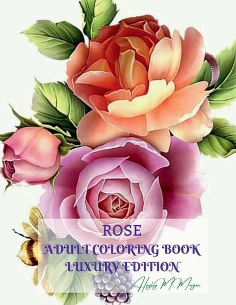 Adult coloring book cover with layered roses and 'ROSE' title text