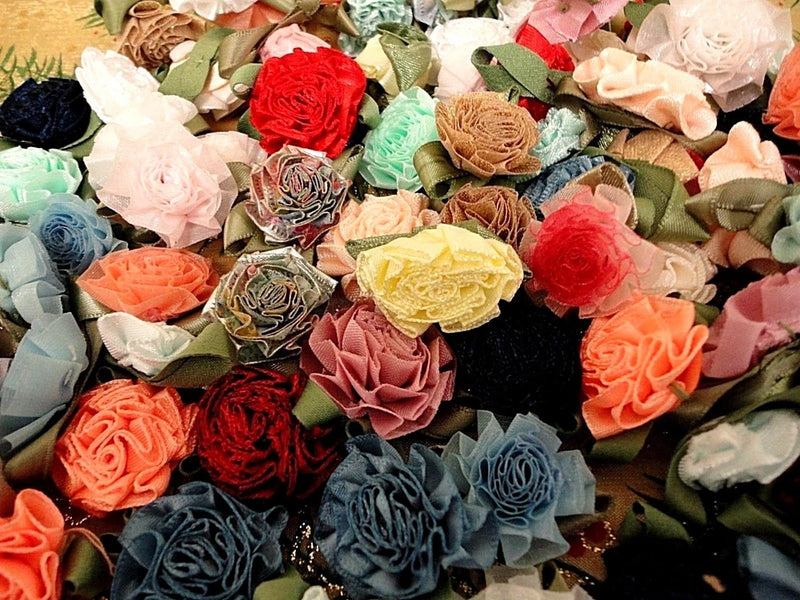 Satin carnation flower appliques: mixed-color satin rosette flowers with leaves