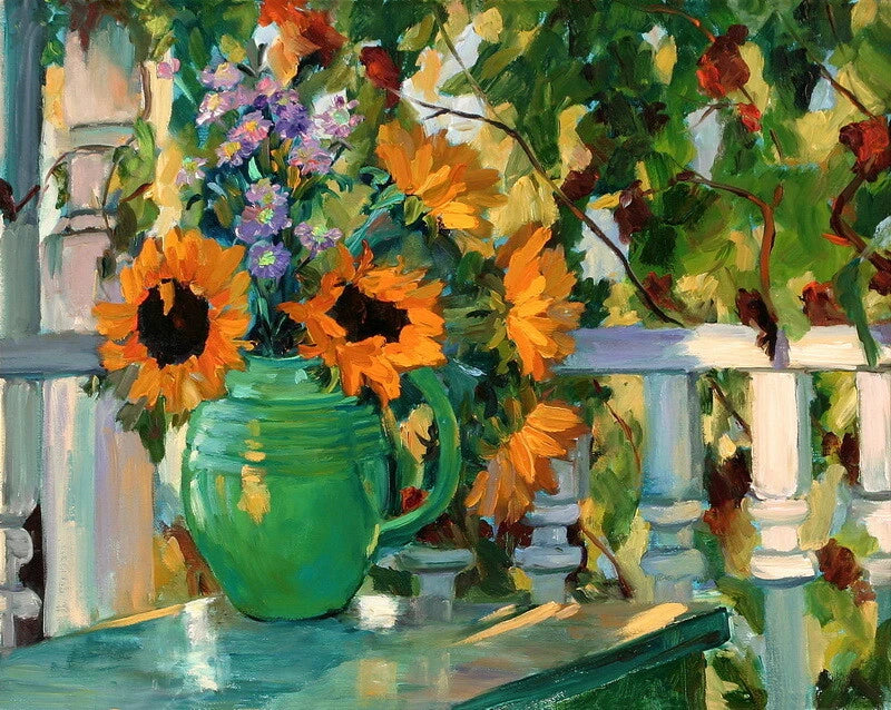 Sunflower still life art print with orange flowers in a green vase, oil painting style