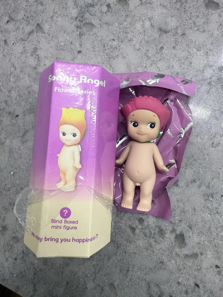 Sonny Angel Flower Series carnation mini figurine in purple blister packaging
