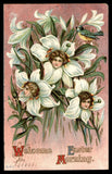 Easter greeting postcard with white lily flowers, cherub faces, and text 'Welcome Easter Morning'.