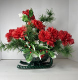 Lefton Holly Berry Sleigh Green Carnation Centerpiece MCM Vintage Retro Flowers Carnation