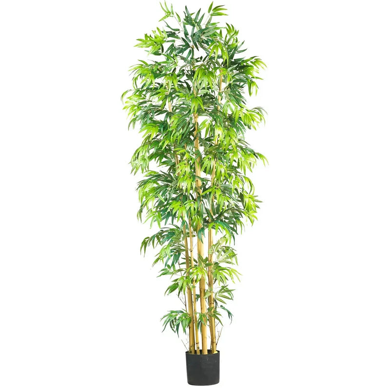 Artificial bamboo tree with green stalks and leaves in a black pot for indoors
