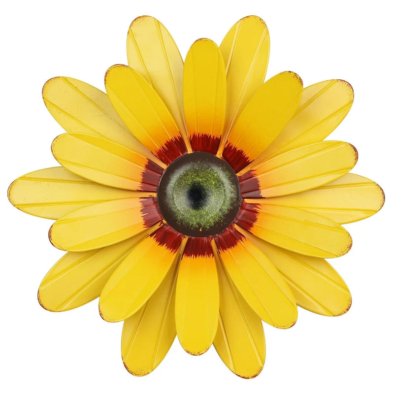 Yellow metal sunflower wall decor with dark red center and petal details