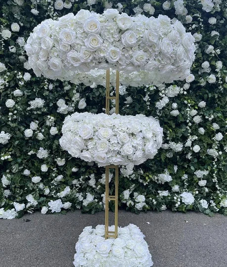 Three Tier Flower Stand with Attached Voluminous Hydrangeas and Roses Wreathes Hydrangea