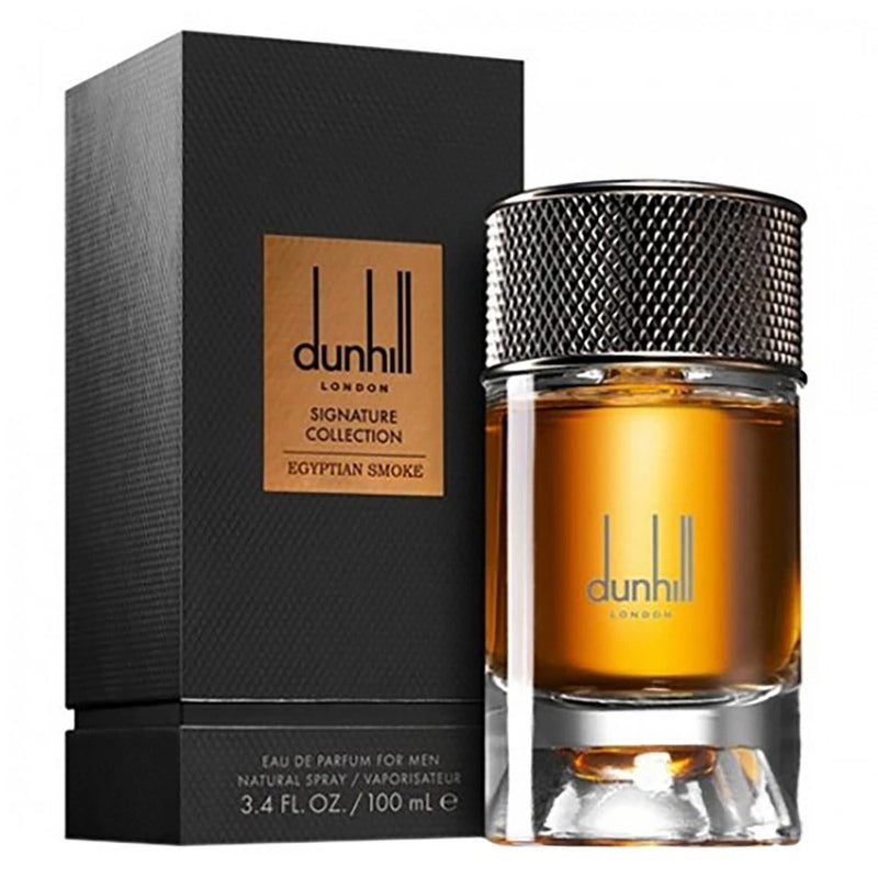 Men's dunhill Egyptian Smoke Eau de Parfum bottle with amber glass and textured silver cap, box