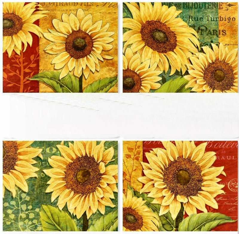 Set of four sunflower stickers with yellow blooms and green leaves on mixed backgrounds