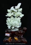 17" Chinese Natural Green Xiu Jade Carving Peony Flower Bird Sculpture Peony