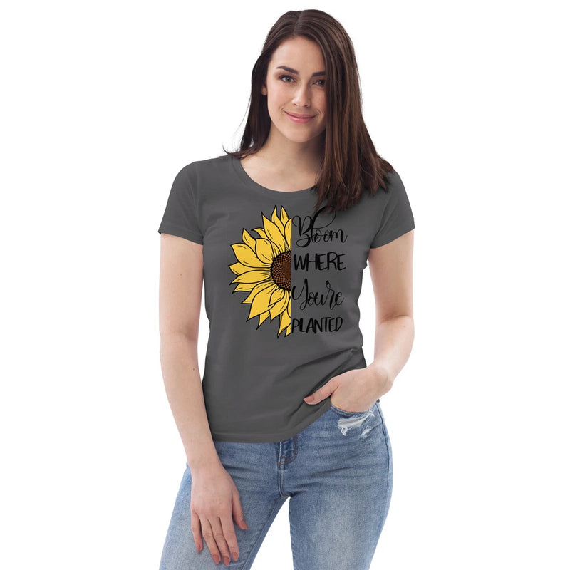 Dark gray women's T-shirt with yellow sunflower and 'Bloom where you're planted' text