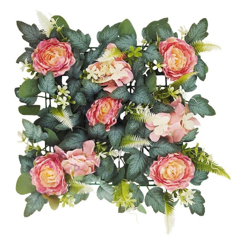 Silk peony wall decor with pink peach peonies and green leaves with small blossoms