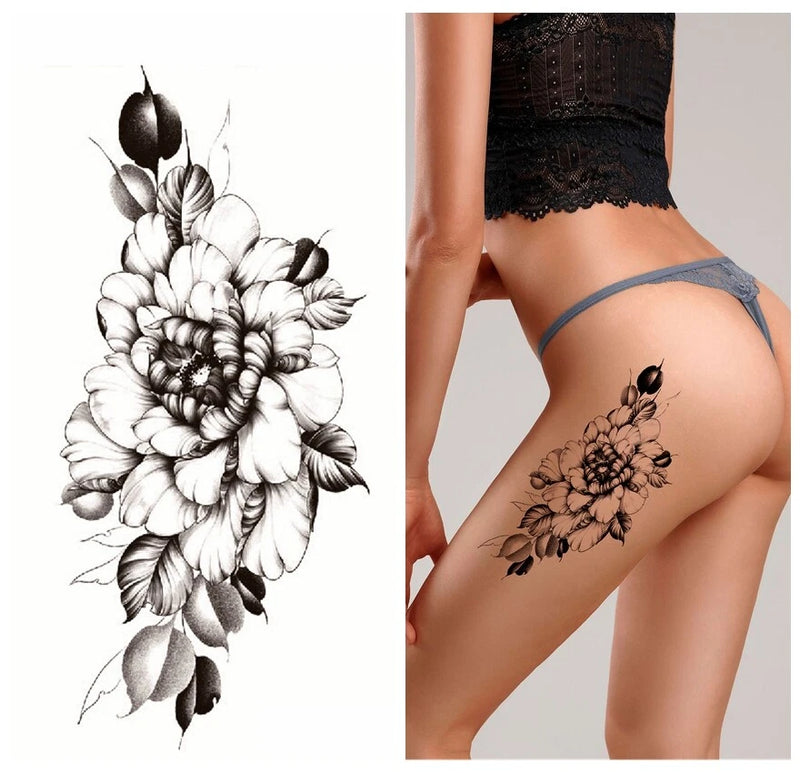Peony flower temporary tattoo: black sketch blooms with leaves on upper thigh