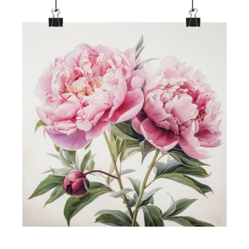 Pink peony flower art print with large pale pink blooms, green leaves, and a dark bud