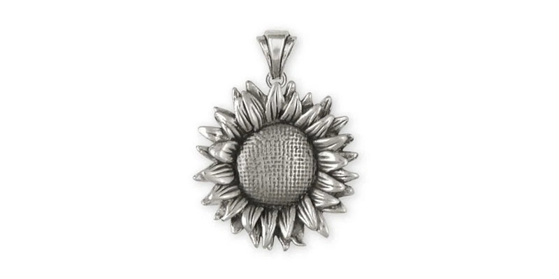 Sterling silver sunflower flower pendant, textured petals with round center and bail loop