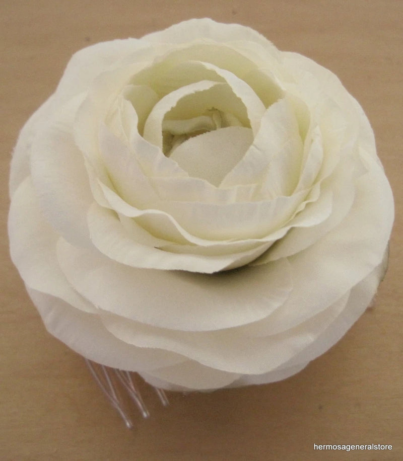 3 1/2" Cream White Ranunculus Silk Flower Hair Comb Ranunculus