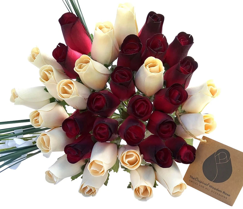 Red with Black Tips & White Flower Bouquet The Original Wooden Rose 1,2,3 Doz Green Plant