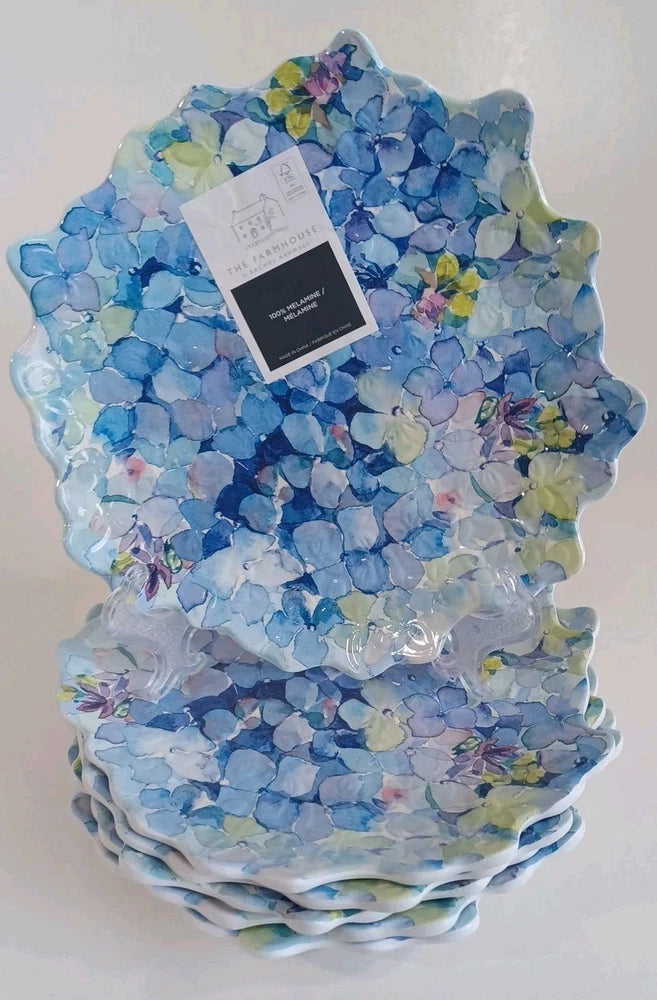 Set / 6 Melamine Salad Plates Floral Blue Hydrangea New Rachel Ashwell 8.5" New Hydrangea