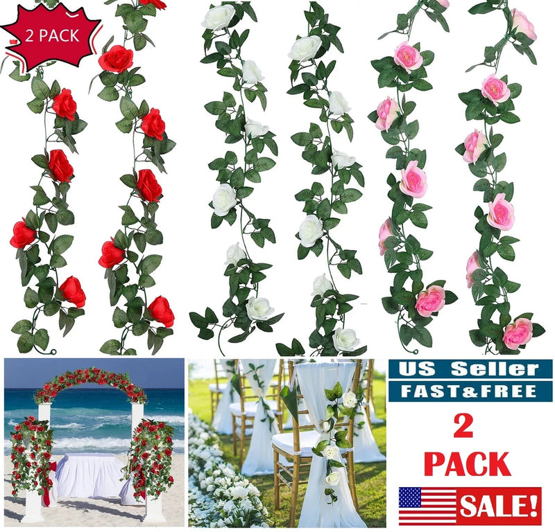 Artificial hanging rose vine garlands, green leaves with red, white, pink roses (2-pack)