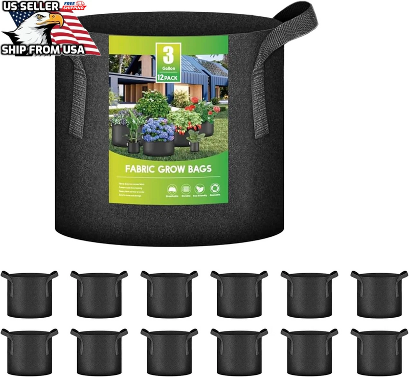 Set of 12 black 3-gallon round fabric grow bags with handles and aeration