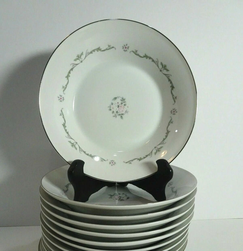 Set of 6 white dessert bowls with green floral rim and small bouquet center