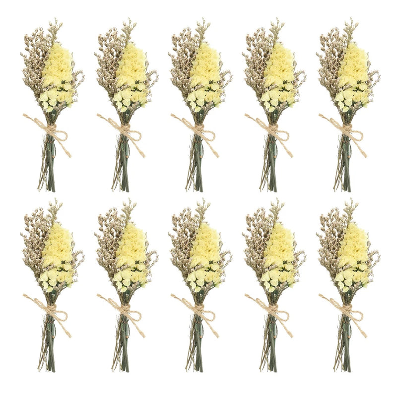 Set of 10 mini dried flower bouquets with yellow and white blooms, twine-tied
