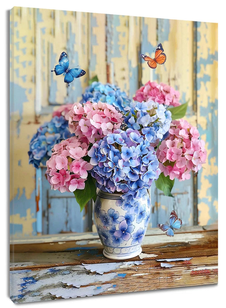 Vintage Pink and Blue Hydrangea Floral Canvas Wall Art for Bathroom Living Room Hydrangea