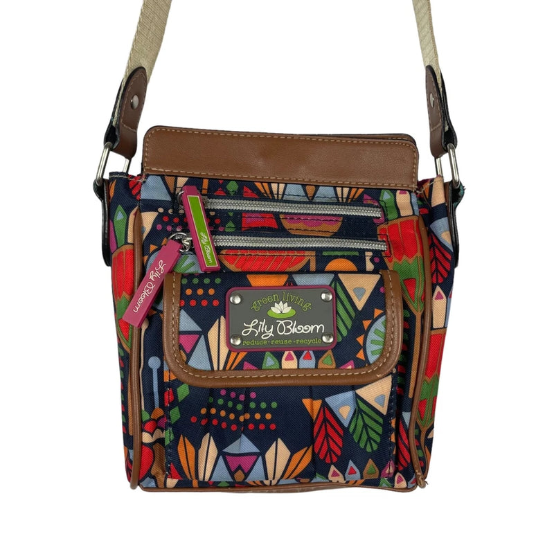 Multicolored patterned crossbody bag with adjustable straps and front logo patch