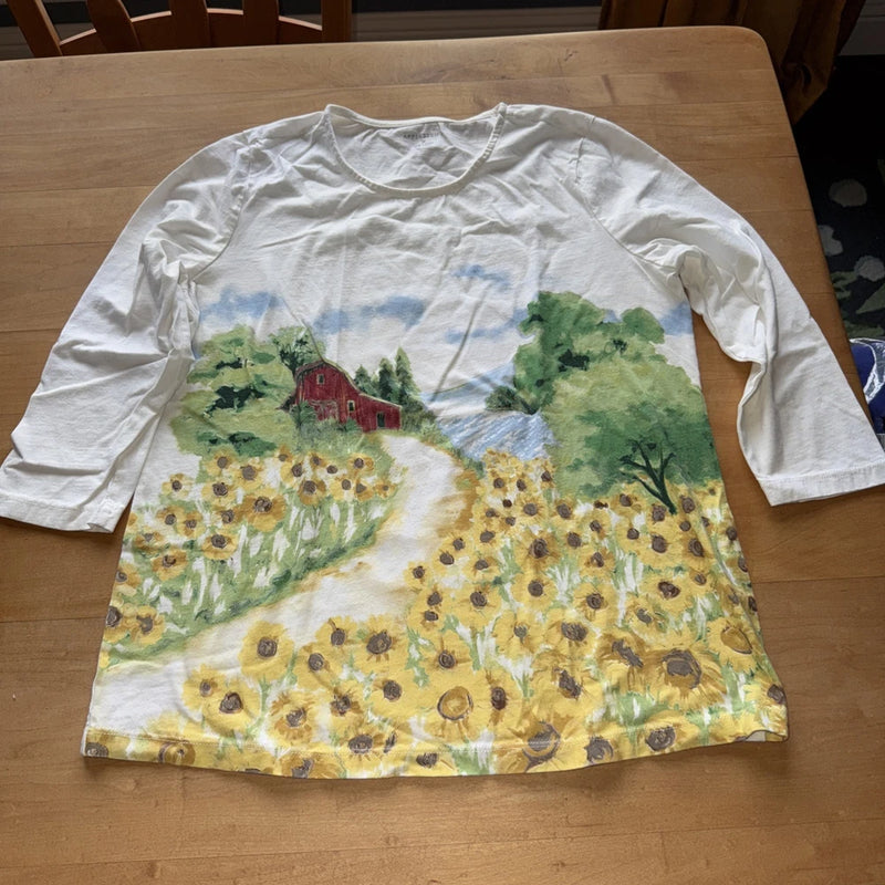 White 3/4 Sleeve Tee With Barn And Sunflowers Sunflower