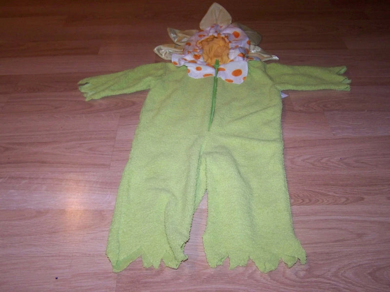 Infant sunflower Halloween costume romper with green hood and orange-yellow flower headpiece