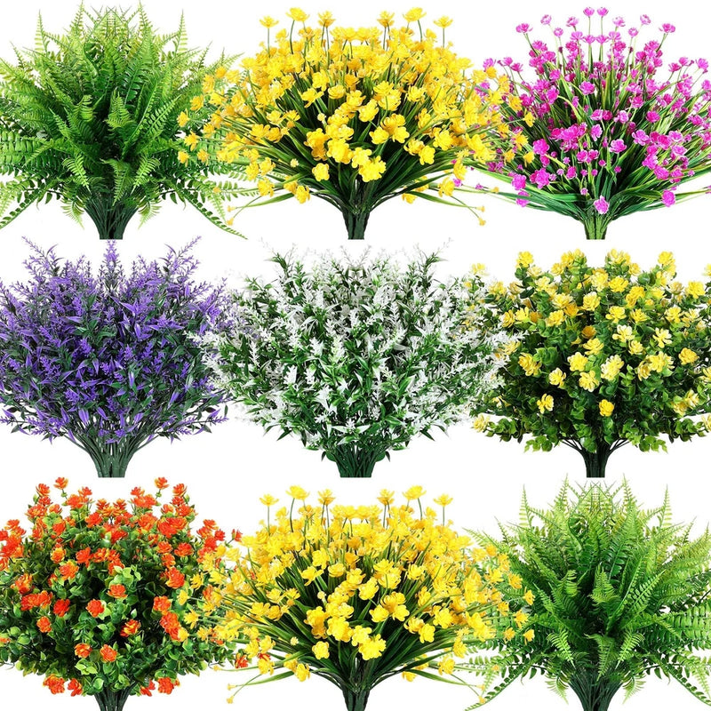 42 Bundles Artificial Flowers Fake UV Resistant for Outdoor Plastic Greenery ... Green Plant