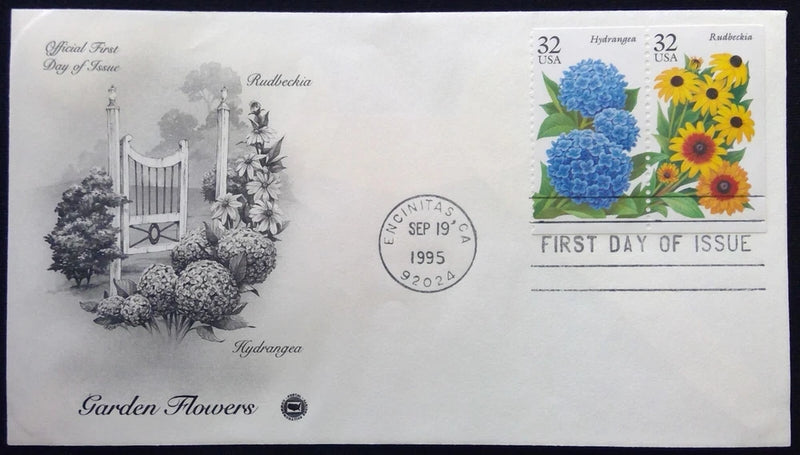 Scott 2996 2997 FDC Hydrangea Rudbeckia Garden Flowers Series STRIP 2 PCS Cachet Hydrangea