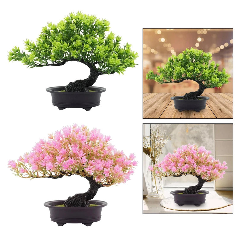 Artificial bonsai tree set: potted faux green and pink blooming trees with textured trunks.