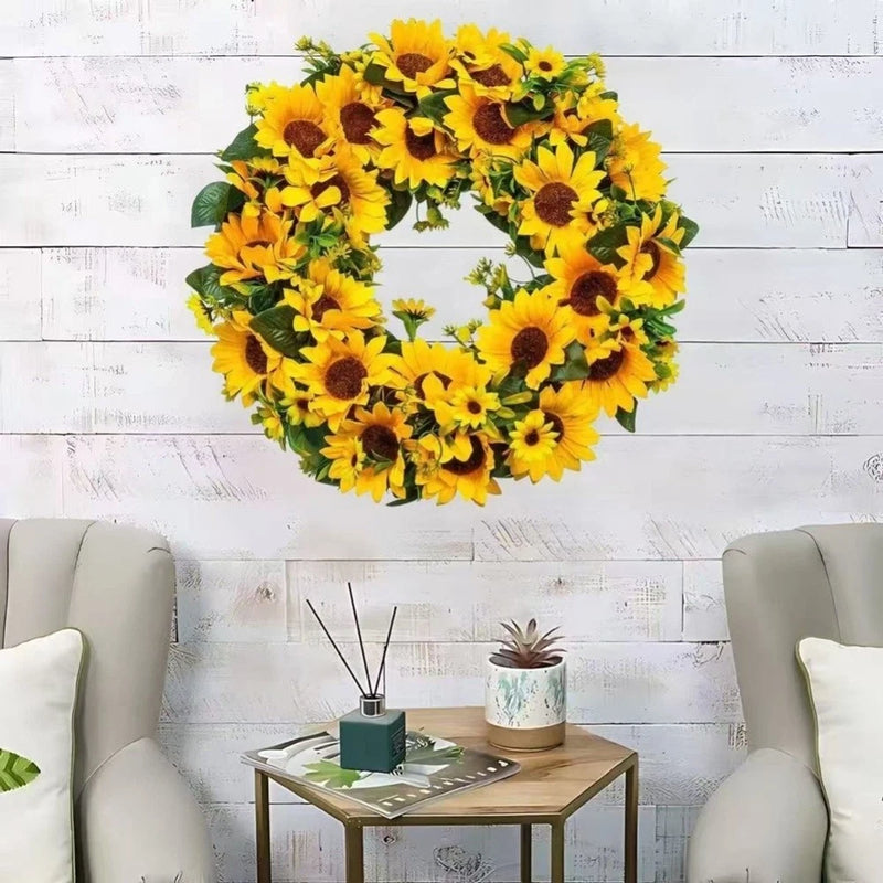Sunflower Wreath 40x40cm Faux Floral for Front Door Wall Interior Exterior Sunflower