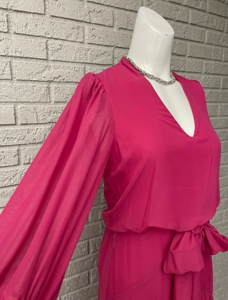 Women's magenta V-neck dress with long puff sleeves and tied waist bow