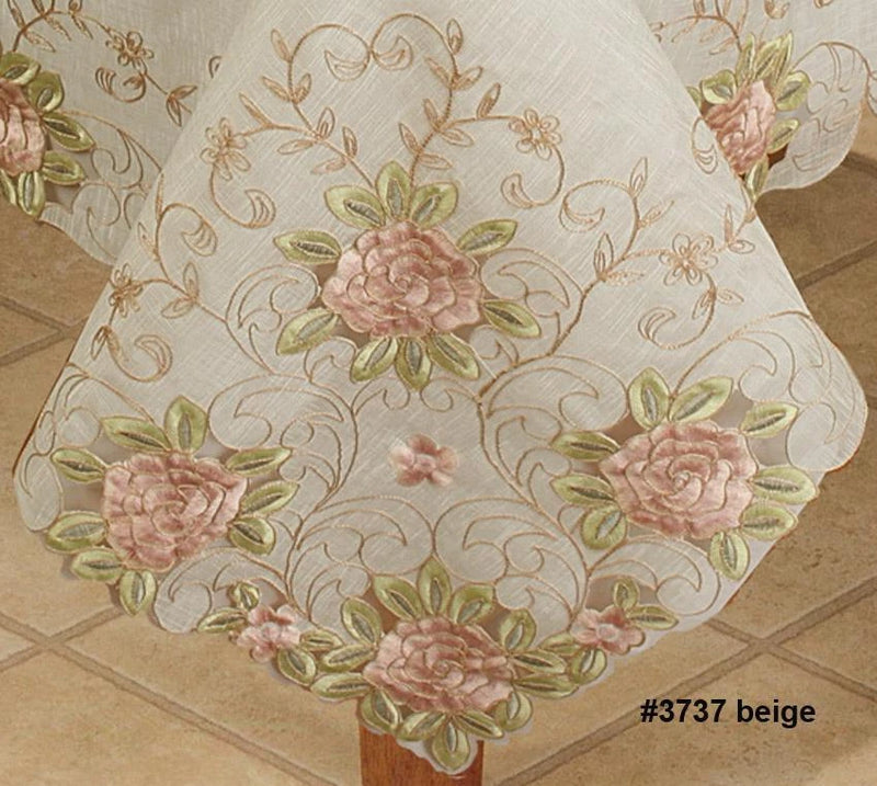 Beige sheer embroidered tablecloth with pink rose floral pattern
