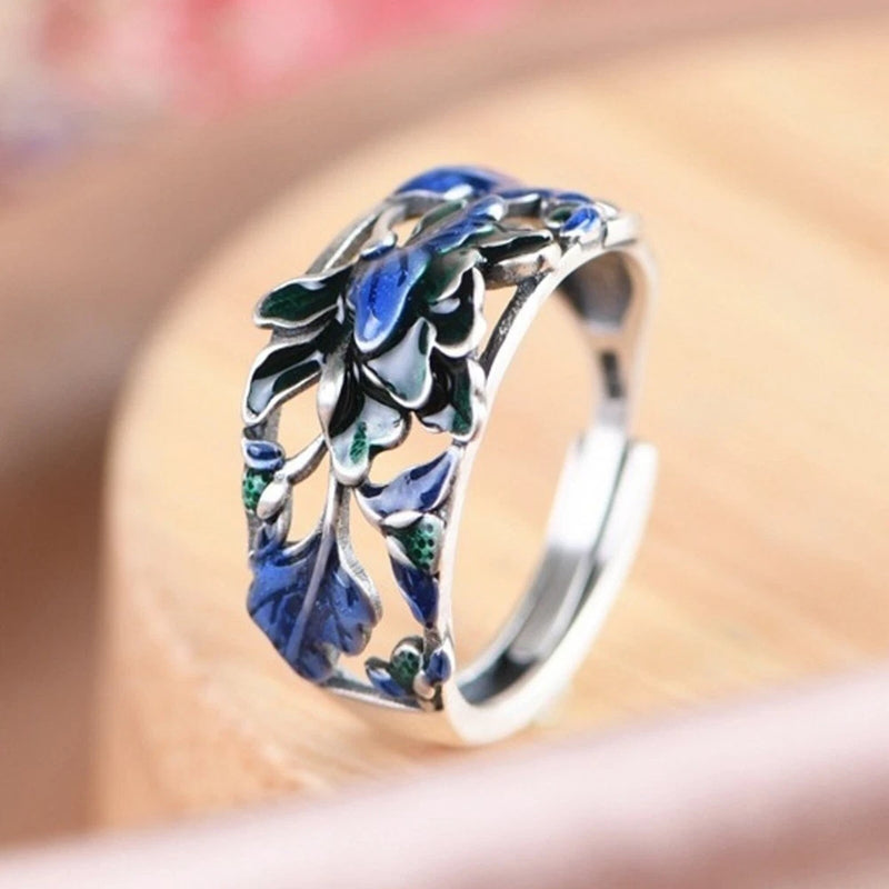 925 sterling silver peony flower and leaf ring with blue enamel, hollow design
