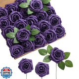 Ling's Moment Artificial Flowers 25Pcs Deep Purple Roses Decor w/Stems,3" Rea Bouquet