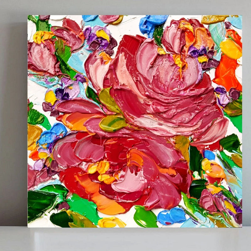 Impasto peony floral painting with thick raised brushwork and vibrant pink, red, and green blooms