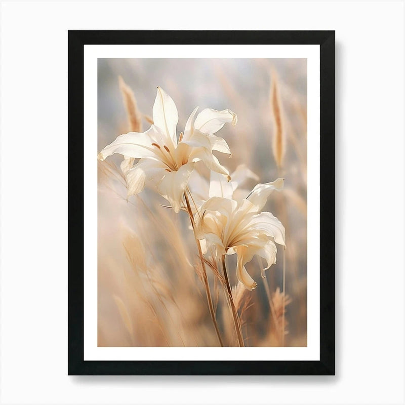 Framed lily dried flower wall art print with cream white blooms in beige tones
