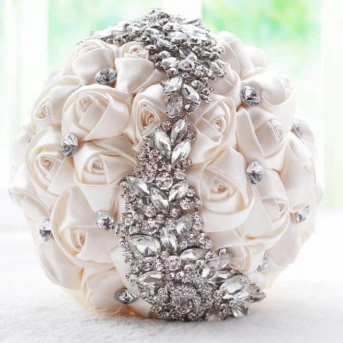 Cream satin rose bridal wedding bouquet with crystal rhinestone brooch and silver-toned gems
