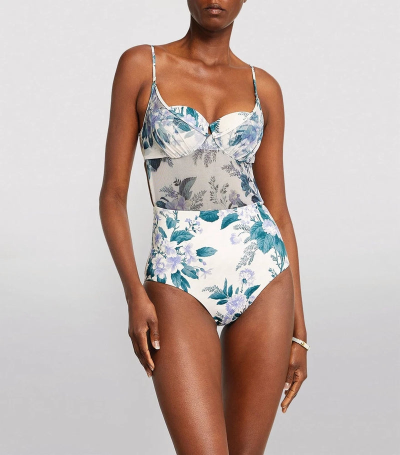 ZIMMERMANN Hydrangea Floral Print Balconette Sheer Mesh One Piece Swimsuit 8 = M Hydrangea