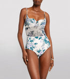 ZIMMERMANN Hydrangea Floral Print Balconette Sheer Mesh One Piece Swimsuit 8 = M Hydrangea