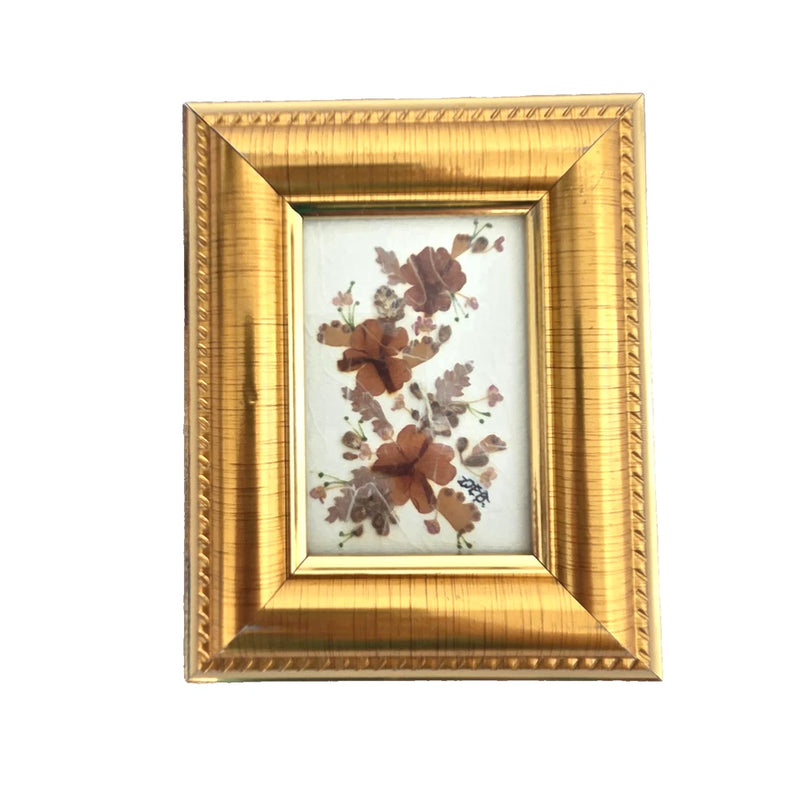 Vintage Framed Dried Pressed Hydrangea Flowers Leaves in Gold Frame 5" x 4" Hydrangea