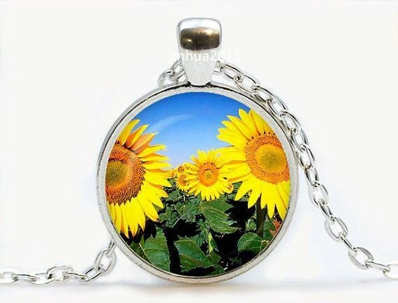 SUNFLOWER YELLOW charm pendant 22" Sterling 925 Silver plated necklace Gift Sunflower