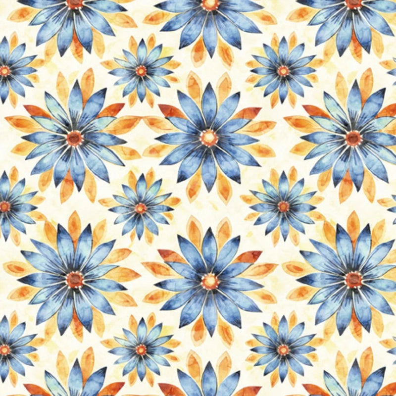 Midnight Bloom Geo Floral Blue Cotton Fabric Flowering Plants