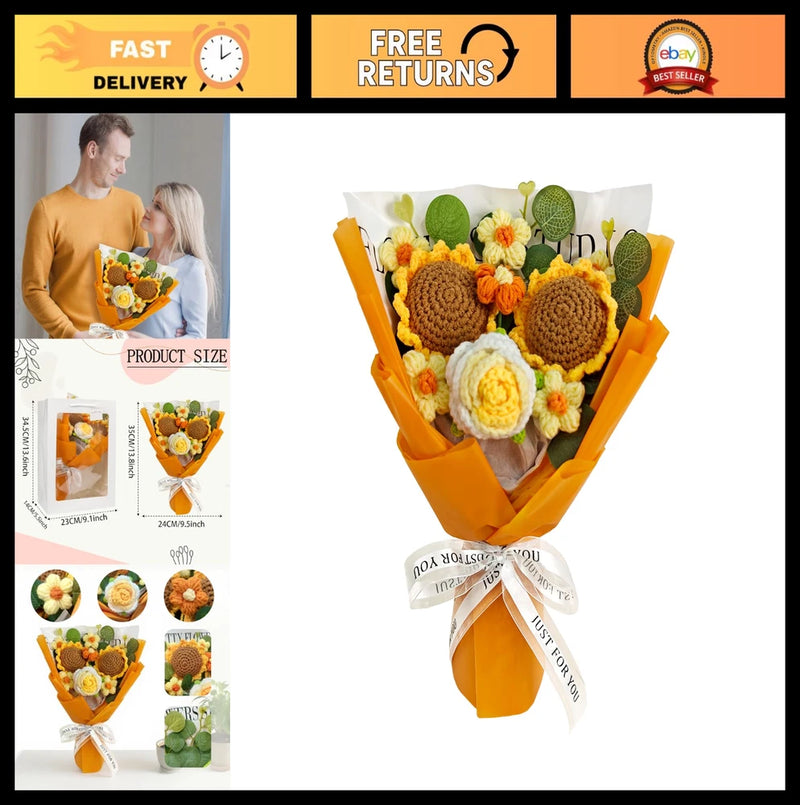Handmade Crochet Flower Bouquet - Sunflower, Rose & Daisy - Perfect Gift for Mot Sunflower
