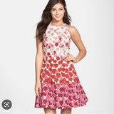 Maggy London Size 12 Sleeveless A-Line Tea Dress Pink Red Carnation Floral Ombre Carnation