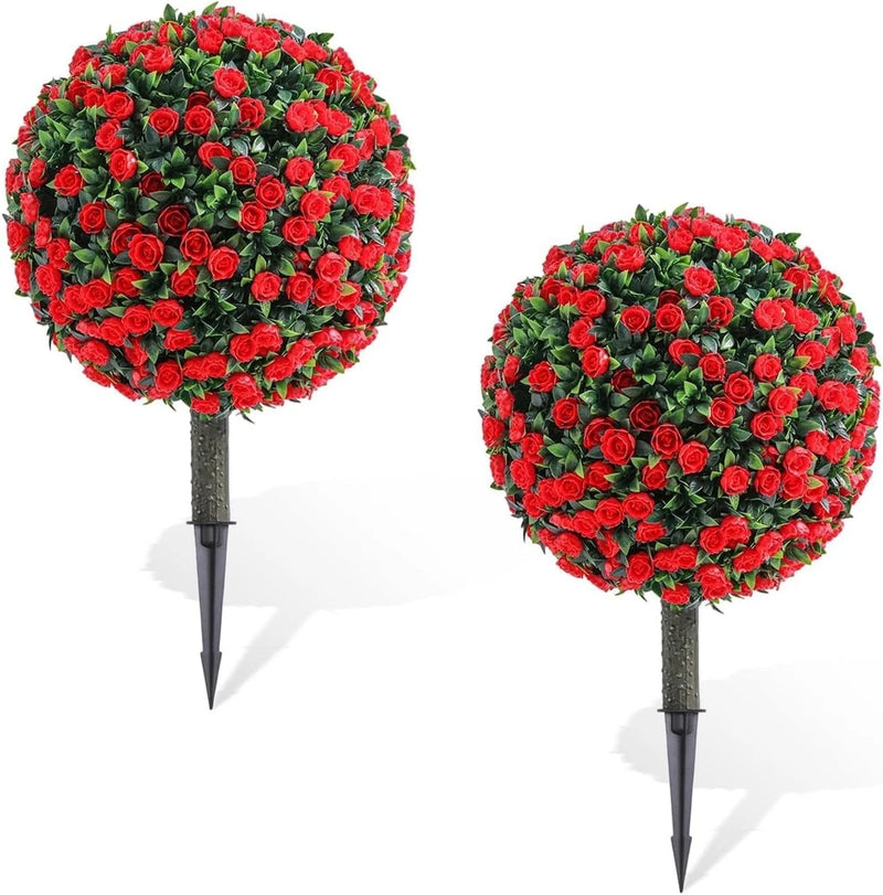 Artificial red rose tree stake set with green leaves, two topiary ball plants on stems